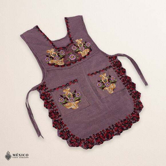 Reddish Mexican Embroidered Smock Apron – Floral Traditional Design for Women - Picture 5 of 8